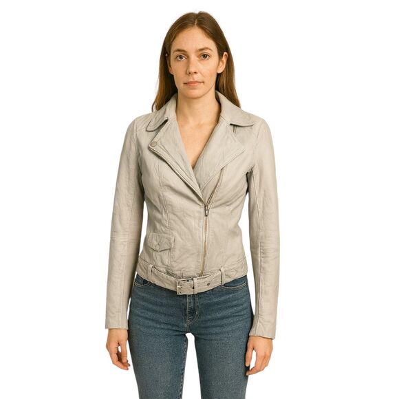Trouve Women's Leather Moto Jacket Gray Asymmetrical Zip Belted XS - Picture 1 of 9
